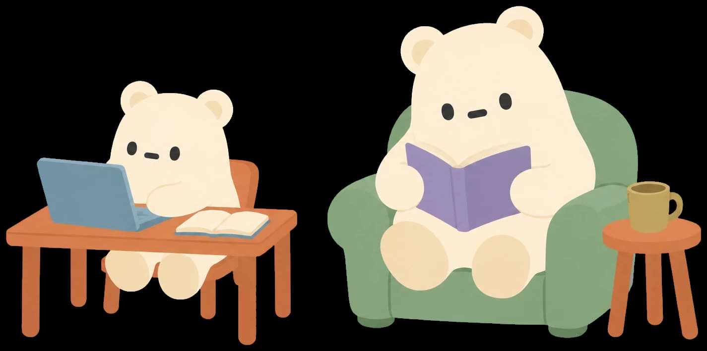 A student Snowbie working on a laptop at a desk while a parent Snowbie reads in an armchair nearby