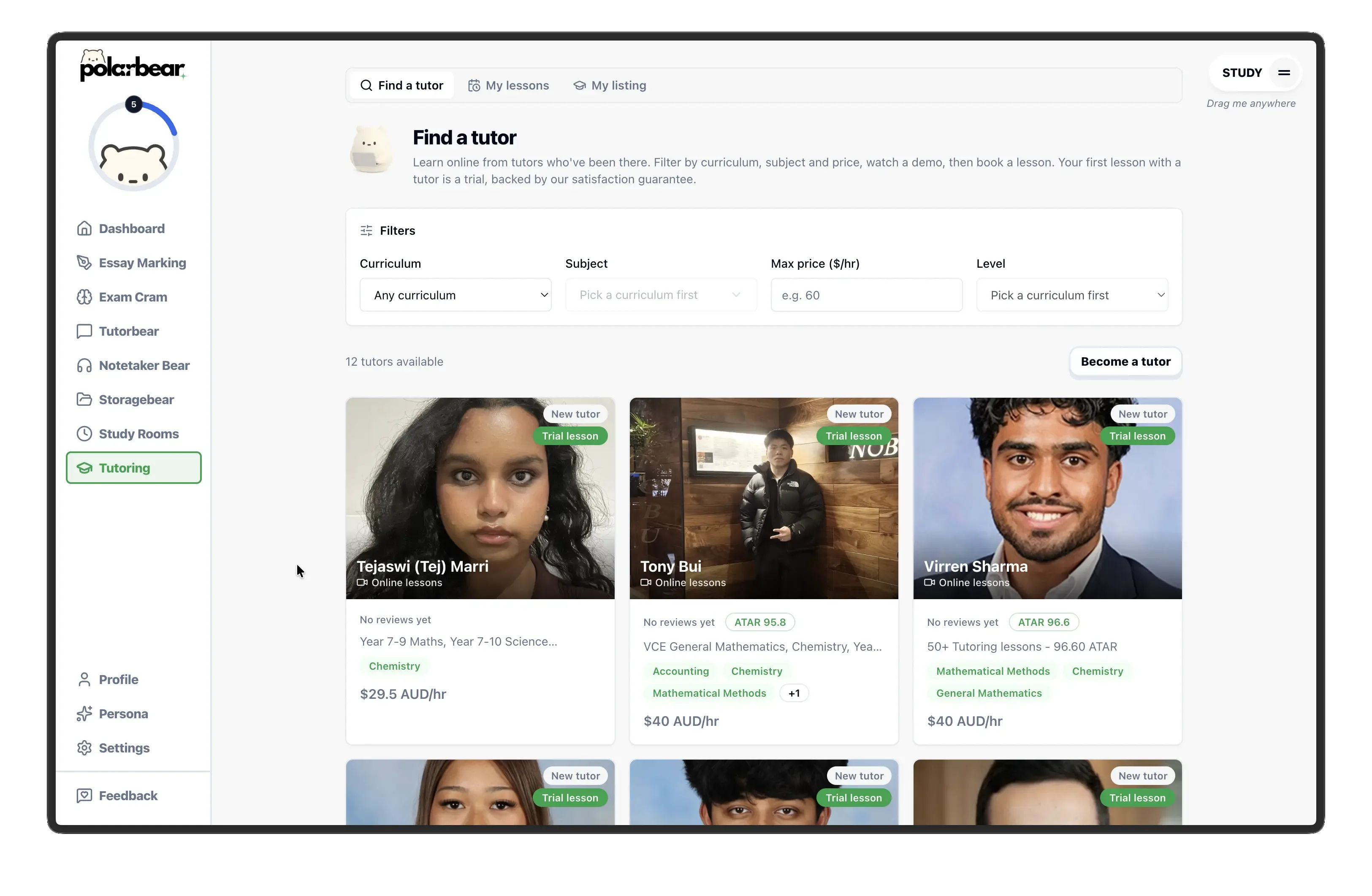 Polarbear Tutor Marketplace - browse tutor listings by subject, price, and ATAR
